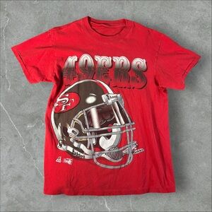 Vintage San Fransisco 49ers Shirt Mens Medium Red 90s Riddell Big Helmet AOP NFL